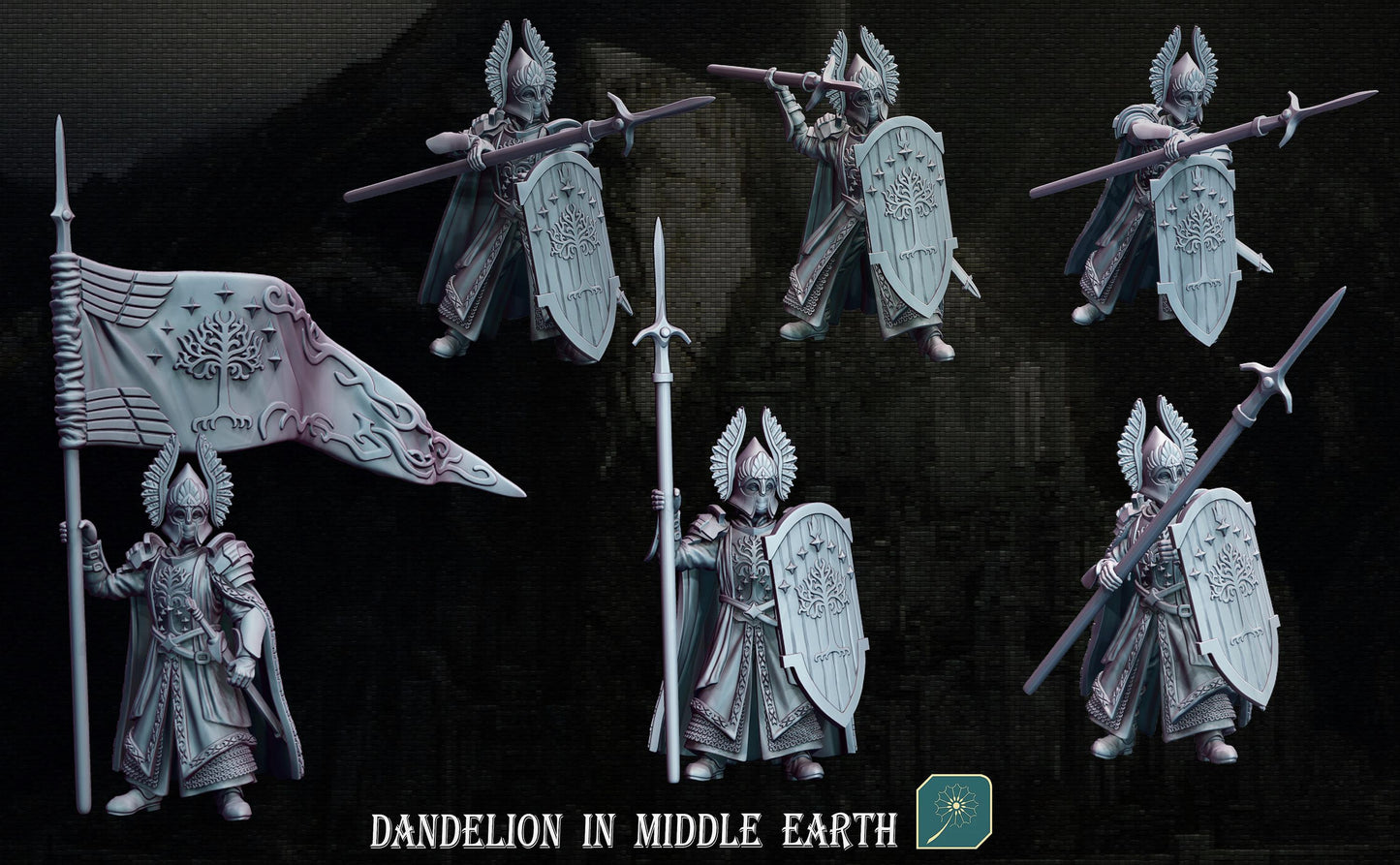 Fountain Guards with spears shields & banner | Dandelion in middle earth  | free people | White City | 28mm | mesbg | lotr |