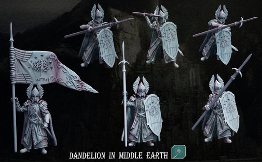 Fountain Guards with spears shields & banner | Dandelion in middle earth  | free people | White City | 28mm | mesbg | lotr |